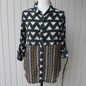 Tolani Womens Tribal Geometric Silk Print 3/4 Sleeve Blouse Top Size XS Batik